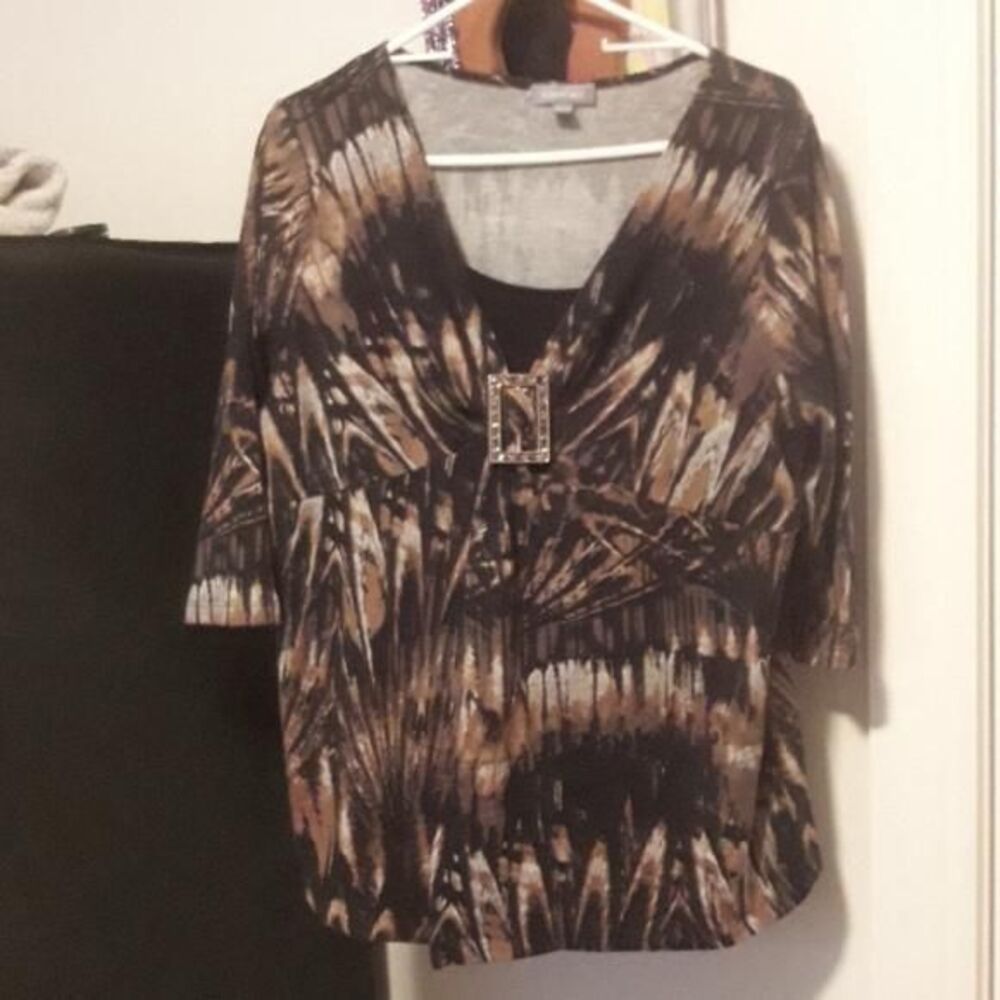 Essentials 0X 3/4 sleeve bling shirt top blouse brown/black plus size
